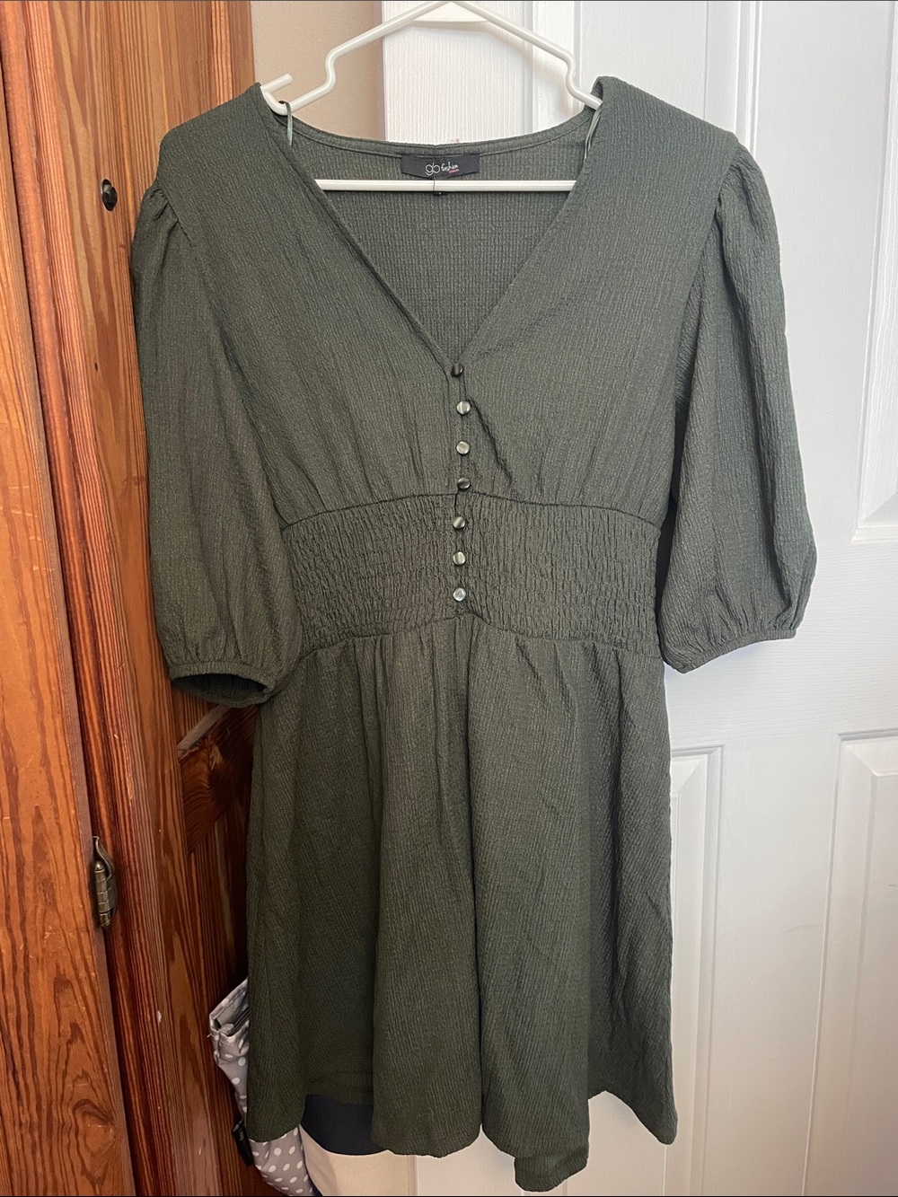 Glo Fashion Olive Green V-Neck Smocked Mini Dress